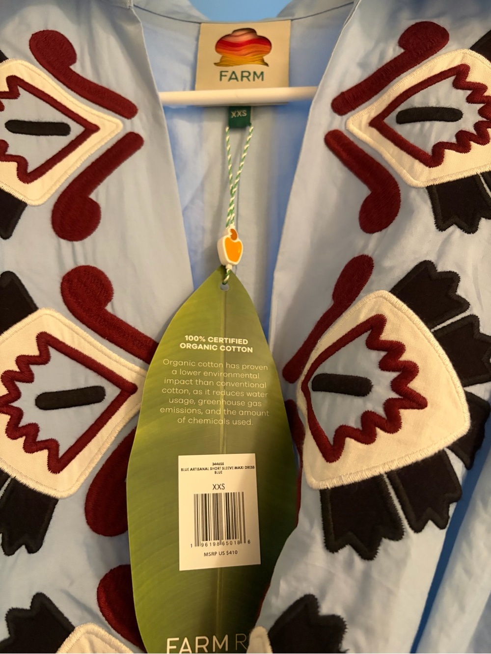 FARM Rio Light Blue Embroidered Maxi Dress with Maroon & Cream Accents - Picture 3 of 3